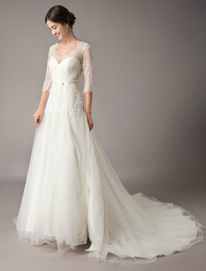 Wedding Dresses A Line Ivory V Neck Lace Tulle Half Sleeve Bridal Dress With Train