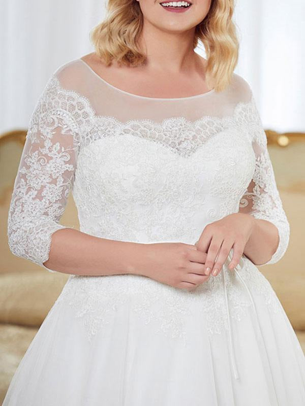 Wedding Dresses A Line Jewel Neck Half Sleeve Floor Length Tulle Lace Vintage Bridal Gowns