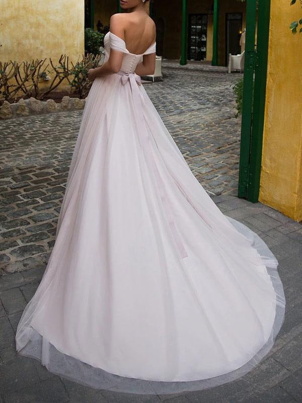 Wedding Dresses A Line Off The Shoulder Short Sleeves Sash Sweetheart Bridal Dresses