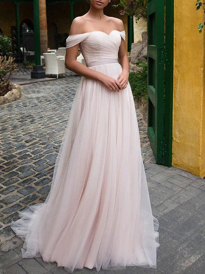 Wedding Dresses A Line Off The Shoulder Short Sleeves Sash Sweetheart Bridal Dresses