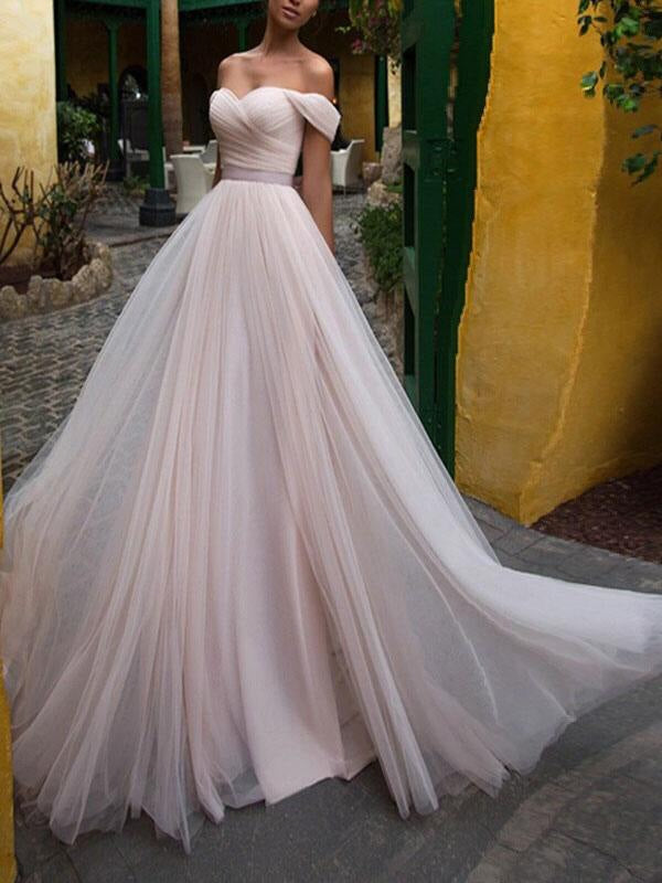 Wedding Dresses A Line Off The Shoulder Short Sleeves Sash Sweetheart Bridal Dresses