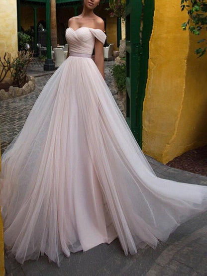 Wedding Dresses A Line Off The Shoulder Short Sleeves Sash Sweetheart Bridal Dresses