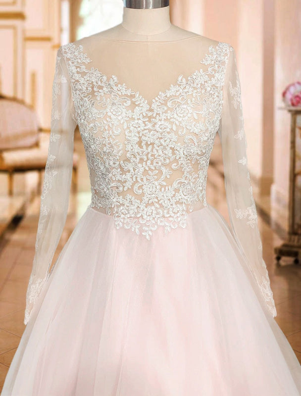 Wedding Dresses A Line V Neck Long Sleeve Lace Applique Tulle Bridal Gowns With Chapel Train