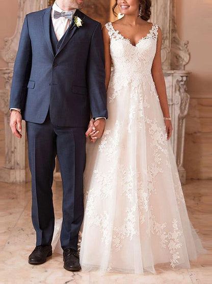 Wedding Dresses A Line V Neck Sleeveless Lace Illusion Back Bridal Gowns