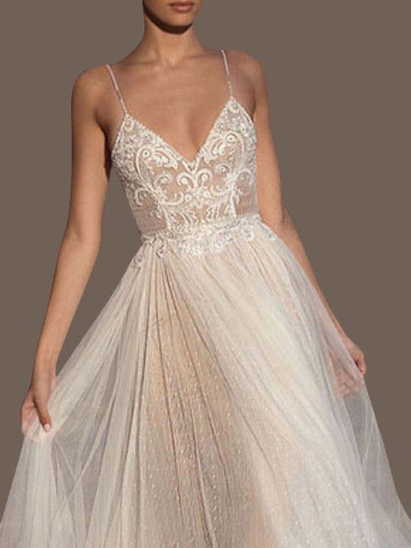 V Neck Sleeveless Wedding Dresses A Line Straps Beaded Polka Dot Tulle Bridal Gowns