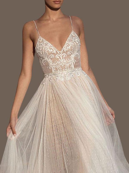 V Neck Sleeveless Wedding Dresses A Line Straps Beaded Polka Dot Tulle Bridal Gowns