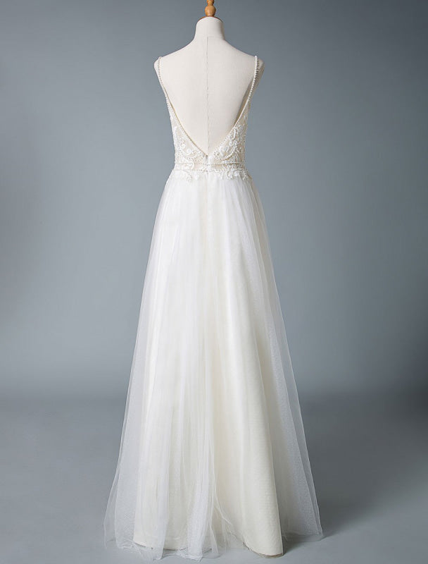 V Neck Sleeveless Wedding Dresses A Line Straps Beaded Polka Dot Tulle Bridal Gowns