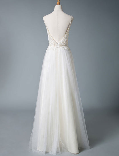 V Neck Sleeveless Wedding Dresses A Line Straps Beaded Polka Dot Tulle Bridal Gowns
