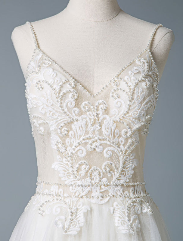 V Neck Sleeveless Wedding Dresses A Line Straps Beaded Polka Dot Tulle Bridal Gowns