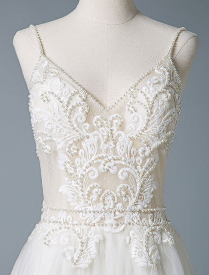 V Neck Sleeveless Wedding Dresses A Line Straps Beaded Polka Dot Tulle Bridal Gowns