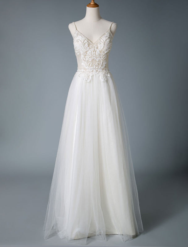 V Neck Sleeveless Wedding Dresses A Line Straps Beaded Polka Dot Tulle Bridal Gowns
