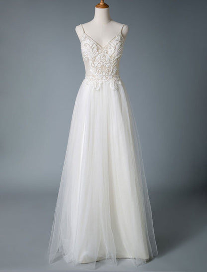 V Neck Sleeveless Wedding Dresses A Line Straps Beaded Polka Dot Tulle Bridal Gowns