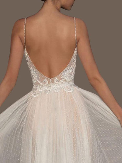 V Neck Sleeveless Wedding Dresses A Line Straps Beaded Polka Dot Tulle Bridal Gowns