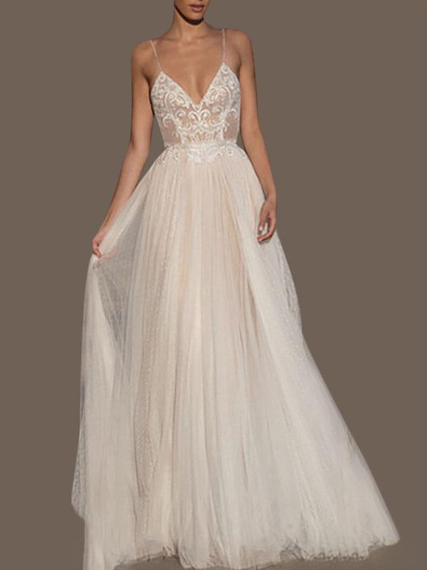 V Neck Sleeveless Wedding Dresses A Line Straps Beaded Polka Dot Tulle Bridal Gowns
