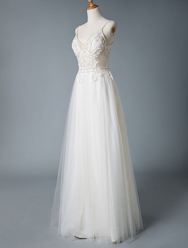 V Neck Sleeveless Wedding Dresses A Line Straps Beaded Polka Dot Tulle Bridal Gowns