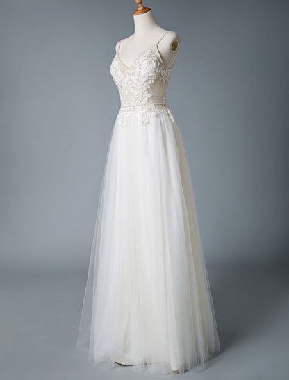 V Neck Sleeveless Wedding Dresses A Line Straps Beaded Polka Dot Tulle Bridal Gowns