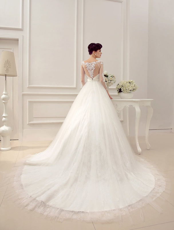 Wedding Dresses Ball Gown Bridal Dress Long Sleeve Lace Applique Beaded Rhinestones Sash Illusion Cutout Wedding Gown With Train Exclusive