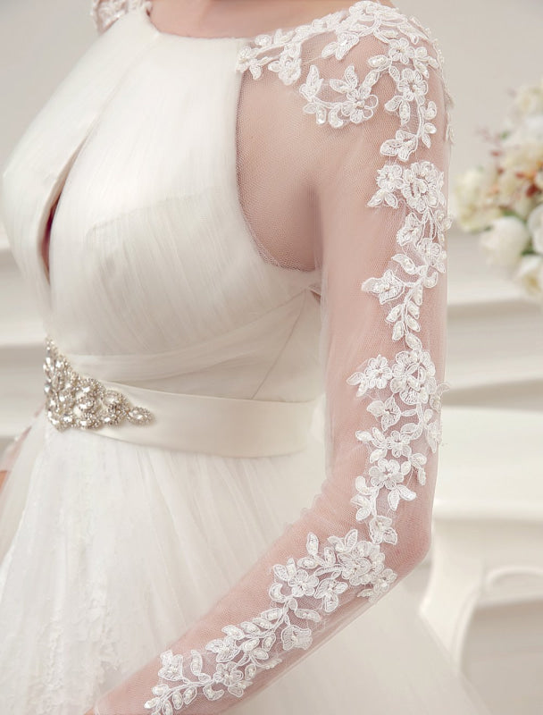 Wedding Dresses Ball Gown Bridal Dress Long Sleeve Lace Applique Beaded Rhinestones Sash Illusion Cutout Wedding Gown With Train Exclusive