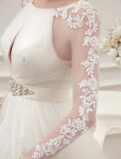 Wedding Dresses Ball Gown Bridal Dress Long Sleeve Lace Applique Beaded Rhinestones Sash Illusion Cutout Wedding Gown With Train Exclusive