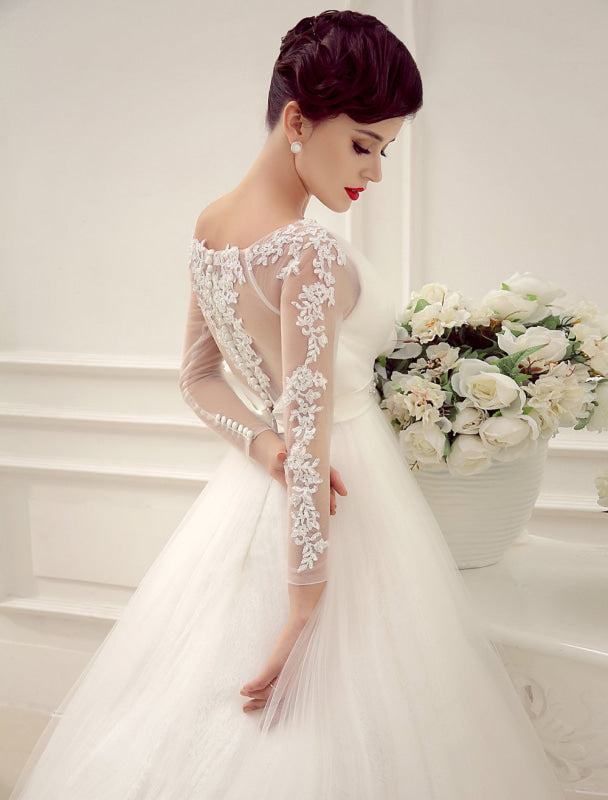 Wedding Dresses Ball Gown Bridal Dress Long Sleeve Lace Applique Beaded Rhinestones Sash Illusion Cutout Wedding Gown With Train Exclusive