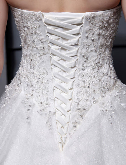 Wedding Dresses Ball Gown Strapless Bridal Dress Ivory Sweetheart Tulle Applique Beaded Wedding Gown