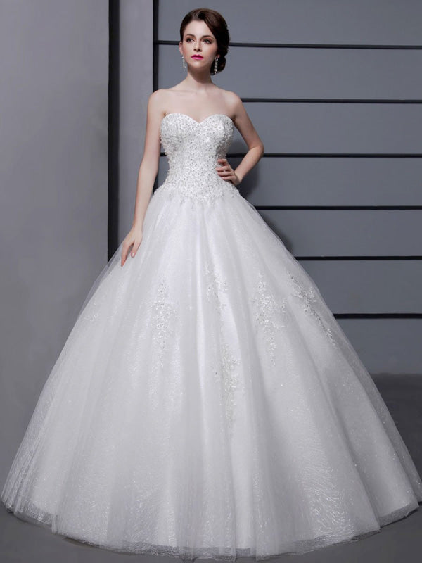 Wedding Dresses Ball Gown Strapless Bridal Dress Ivory Sweetheart Tulle Applique Beaded Wedding Gown