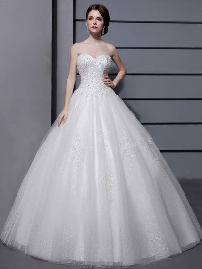 Wedding Dresses Ball Gown Strapless Bridal Dress Ivory Sweetheart Tulle Applique Beaded Wedding Gown