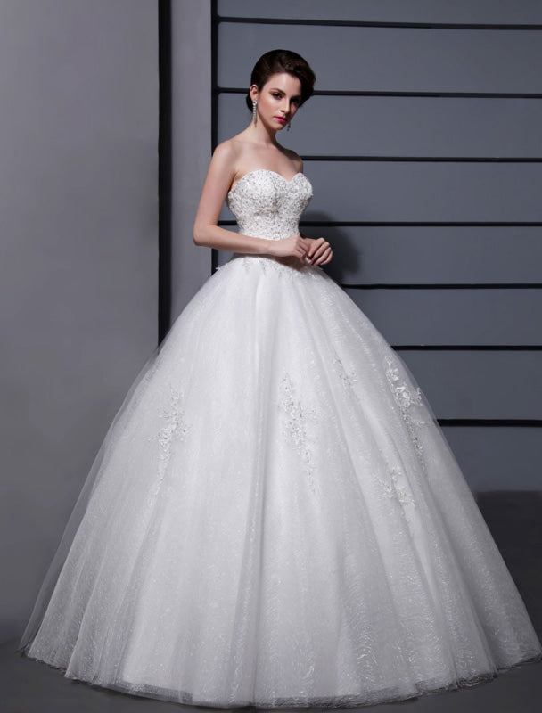 Wedding Dresses Ball Gown Strapless Bridal Dress Ivory Sweetheart Tulle Applique Beaded Wedding Gown