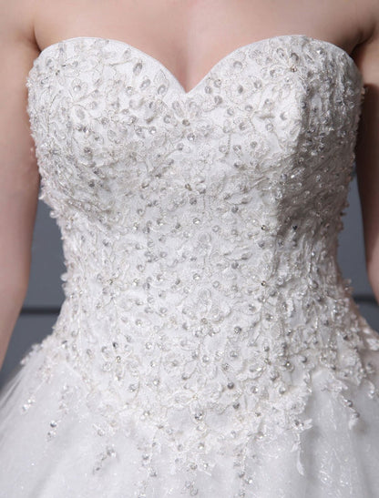 Wedding Dresses Ball Gown Strapless Bridal Dress Ivory Sweetheart Tulle Applique Beaded Wedding Gown