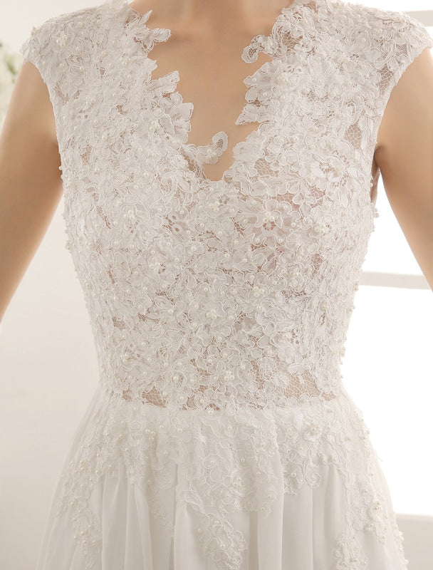Wedding Dresses Chiffon V Neck Beach Bridal Dress Pearls Beaded Lace Ivory Bridal Gown