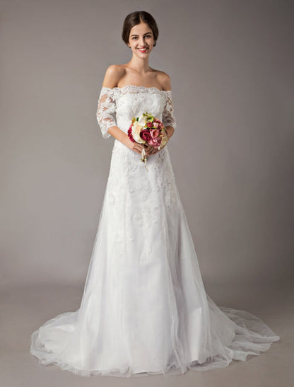 Wedding Dresses Ivory Lace Off Shoulder Half Sleeve Sequin Applique Bridal Dress With Train Exclusive