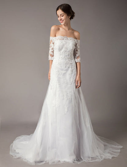 Wedding Dresses Ivory Lace Off Shoulder Half Sleeve Sequin Applique Bridal Dress With Train Exclusive