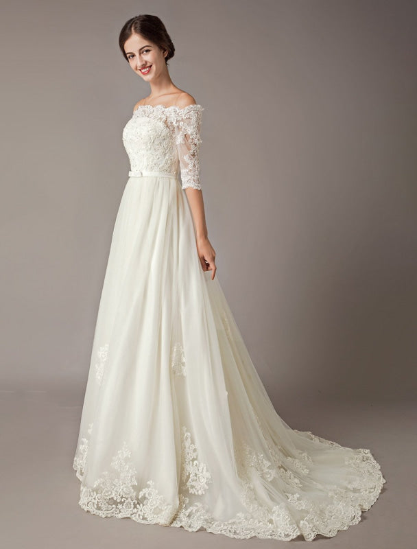 Wedding Dresses Ivory Off The Shoulder Half Sleeve Lace Beaded Bow Sash Tulle Bridal Gowns With Train