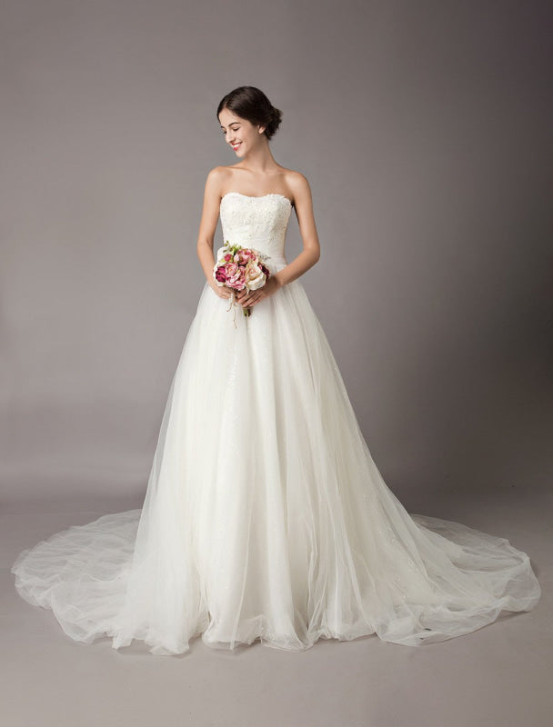Wedding Dresses Ivory Strapless Lace Beaded Chapel Train Bridal Gowns