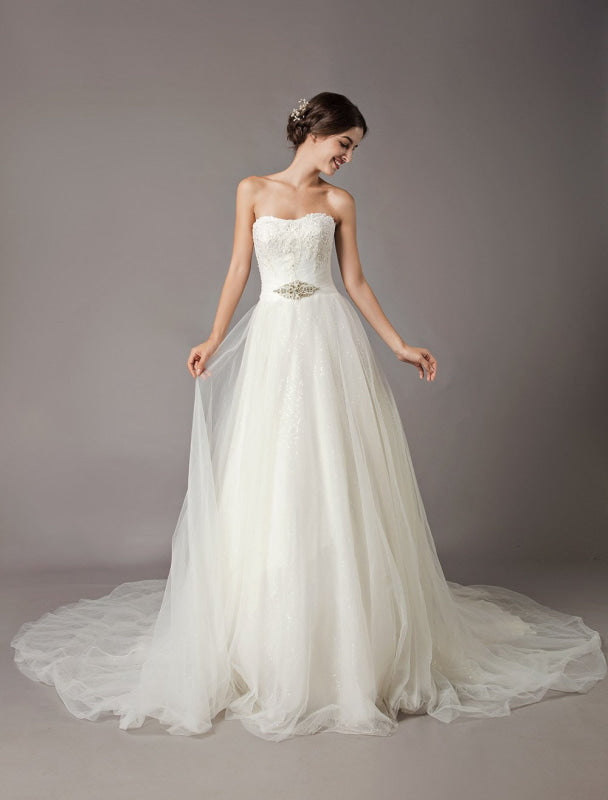 Wedding Dresses Ivory Strapless Lace Beaded Chapel Train Bridal Gowns
