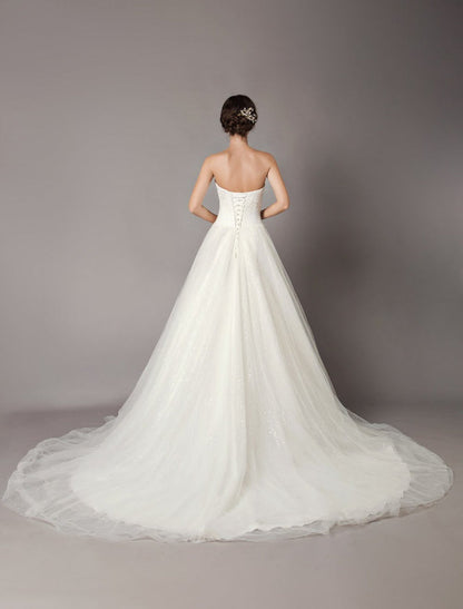 Wedding Dresses Ivory Strapless Lace Beaded Chapel Train Bridal Gowns