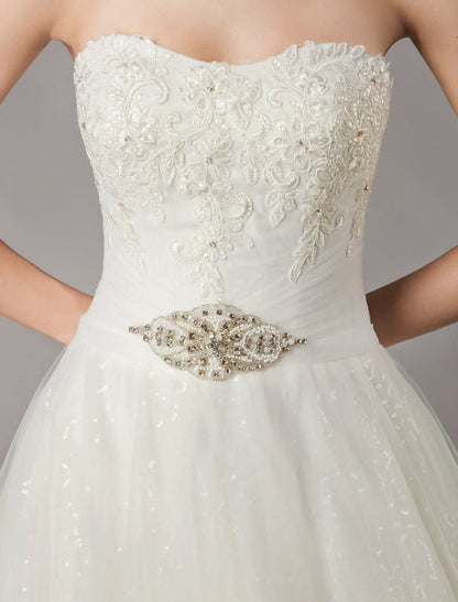 Wedding Dresses Ivory Strapless Lace Beaded Chapel Train Bridal Gowns