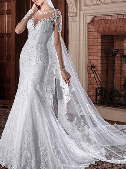 Mermaid Wedding Dress Jewel Neck Long Sleeves Lace Court Train Bridal Gowns