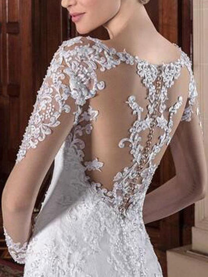 Mermaid Wedding Dress Jewel Neck Long Sleeves Lace Court Train Bridal Gowns