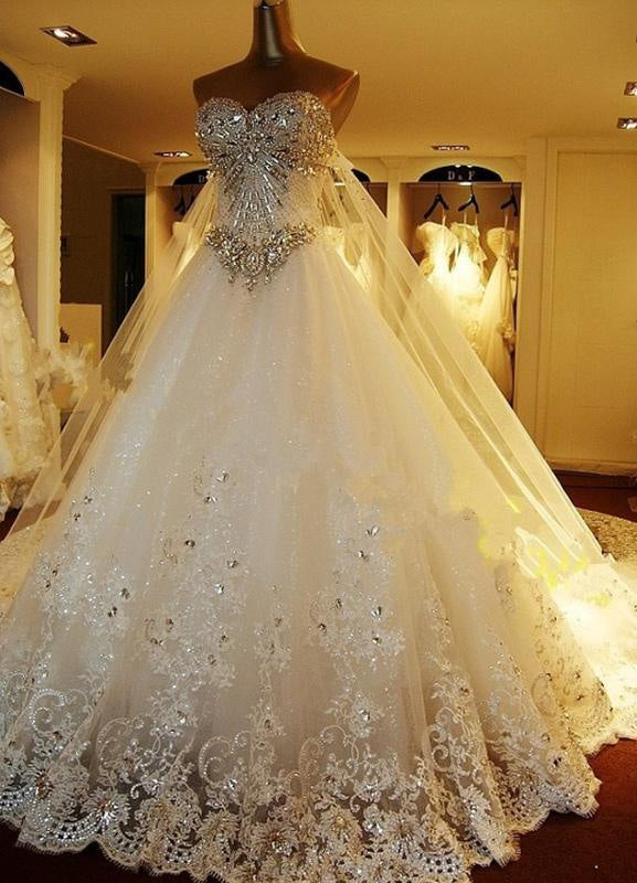 Lace Applique Wedding Dresses Strapless Sweetheart Bridal Gown Beaded with Cathedral Train