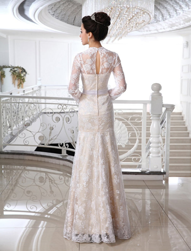 Wedding Dresses Lace Champagne Bridal Dress V Neck Long Sleeve Illusion Sheath Bow Sash Floor Length Wedding Gown