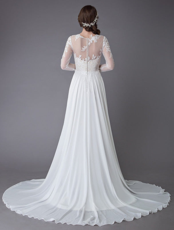 Wedding Dresses Long Sleeve Lace Chiffon Sexy High Split Illusion Summer Bridal Gowns Exclusive