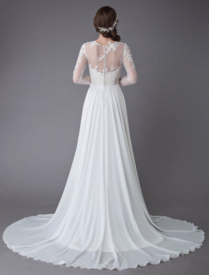 Wedding Dresses Long Sleeve Lace Chiffon Sexy High Split Illusion Summer Bridal Gowns Exclusive