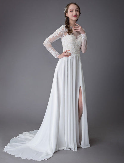 Wedding Dresses Long Sleeve Lace Chiffon Sexy High Split Illusion Summer Bridal Gowns Exclusive