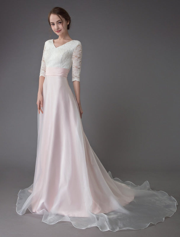Wedding Dresses Pink V Neck Half Sleeve Pleated A Line Bridal Gown