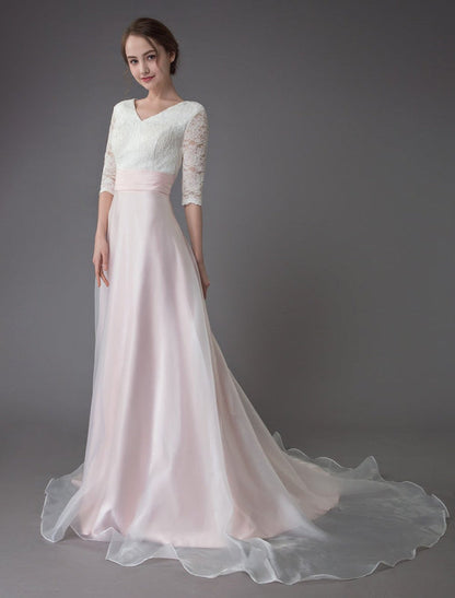 Wedding Dresses Pink V Neck Half Sleeve Pleated A Line Bridal Gown