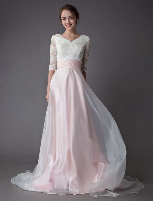 Wedding Dresses Pink V Neck Half Sleeve Pleated A Line Bridal Gown