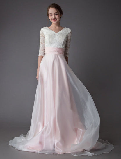 Wedding Dresses Pink V Neck Half Sleeve Pleated A Line Bridal Gown