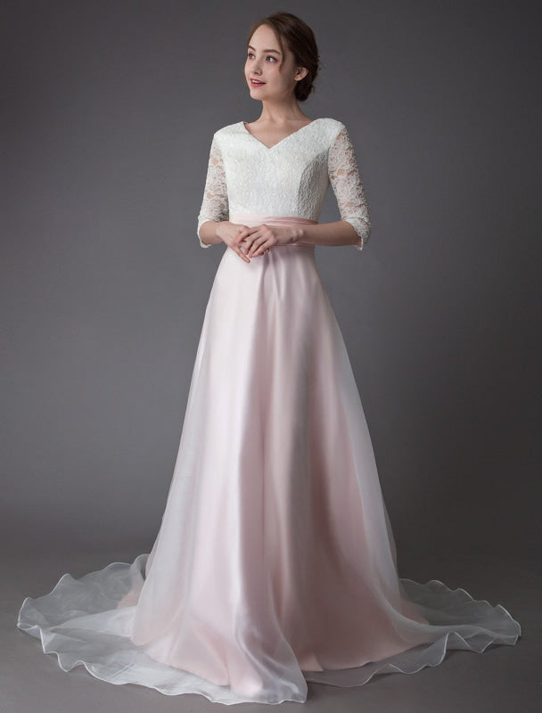 Wedding Dresses Pink V Neck Half Sleeve Pleated A Line Bridal Gown