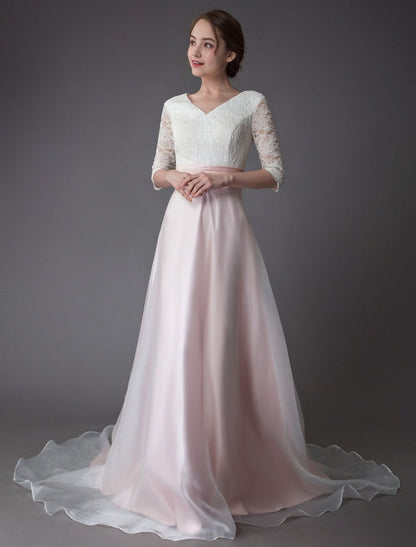 Wedding Dresses Pink V Neck Half Sleeve Pleated A Line Bridal Gown